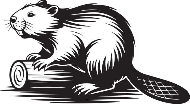 Ferret running on wooden log in black and white sketch style Vector