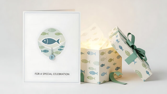 Elegant white gift box decorated with a blue ichthys fish symbol for Christian sacraments like confirmation communion baptism ideal for greeting card invitation and religious celebration.