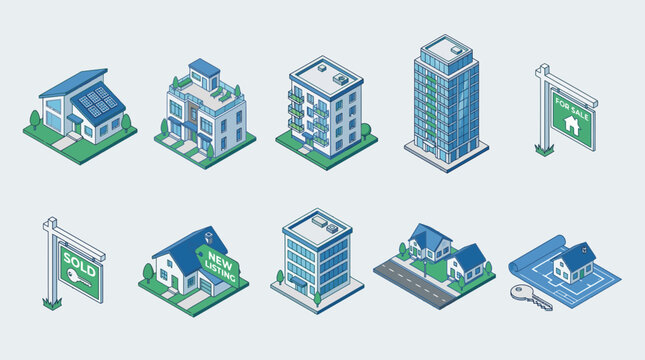 Ten isometric icons featuring various residential and commercial buildings real estate signs and architectural blueprints