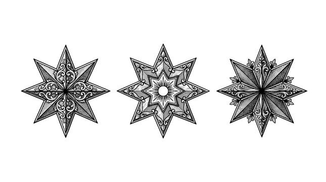 Star ornaments mandala design trio with intricate linework, floral geometry, and symmetrical decorative detail for festive decoration