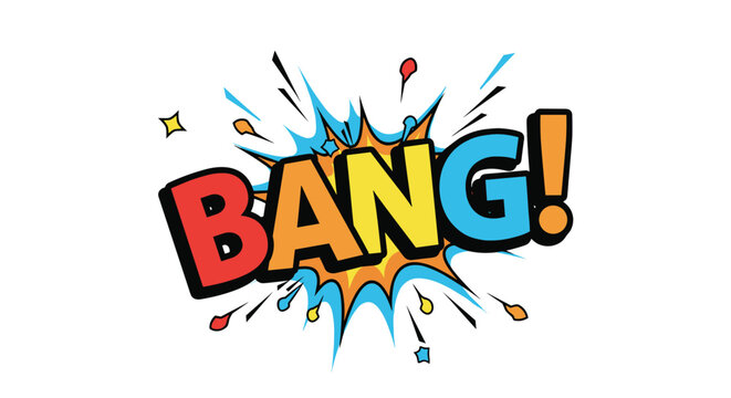 Colorful comic book style pop art explosion with the word bang in bold letters and decorative sparks for dynamic graphic design projects.