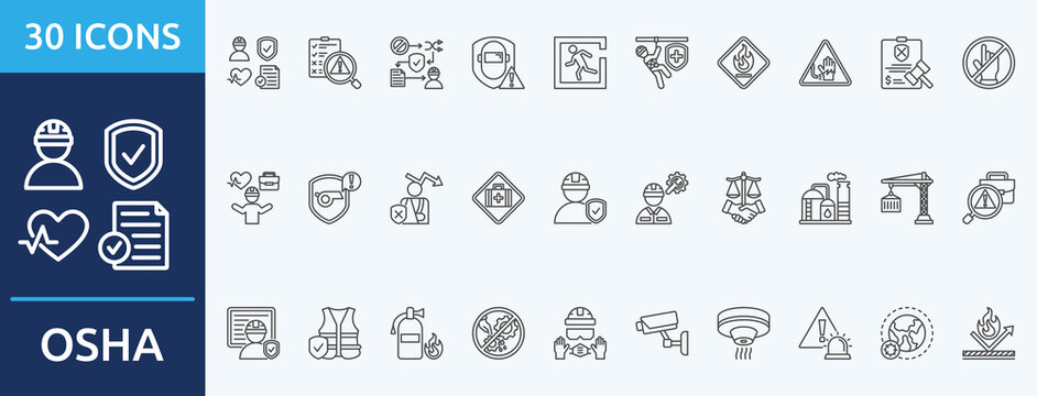 osha
 - Icon Collection. Thin outline Set contains such Icons as risk assessment, hierarchy of control, guarding, confined space, fall protection, hazcom, accident prevention
 and more. Simple web ico