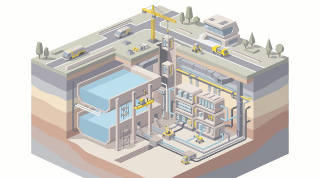 Isometric cross section of a modern water treatment plant facility.