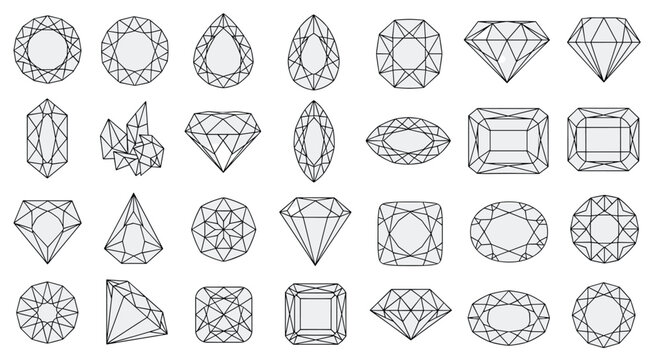 Grid of twenty four different gemstone and diamond cut shapes shown from top and side views in line art for jewelry manufacturing design.