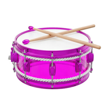 A pink snare drum with drumsticks on top