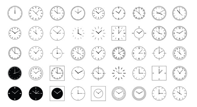 Grid of fifty different analog clock face designs showing various numeral styles and time measurements for graphic projects.