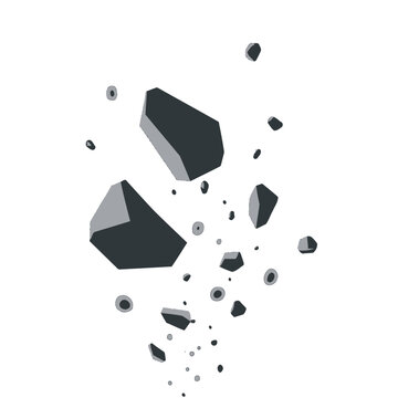 A collection of floating dark geometric rocks drifting in empty space