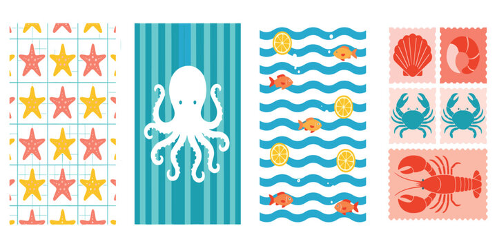 Vibrant ocean creatures illustrations showcase starfish, octopus, crabs, and seashells in a decorative pattern.