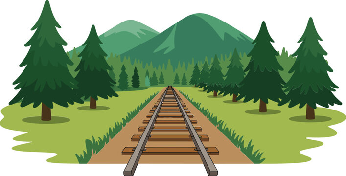 Scenic railway through forest mountains, natural landscape with train tracks vector illustration design background