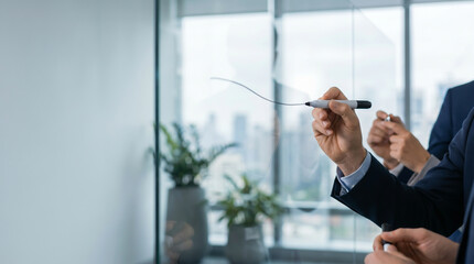 Obraz na płótnie Canvas Businessman drawing growth line on glass wall in modern office with city view background