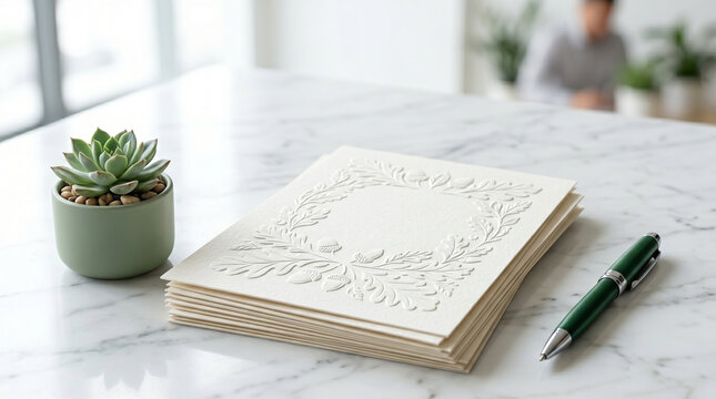 Elegant White Embossed Stationery Cards with Oak Leaf Pattern on Marble Desk