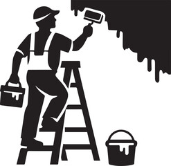Painter with roller brush climbing ladder for painting work illustration © Jahidul