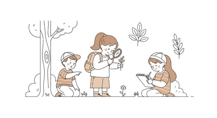 Naklejka premium children exploring nature with magnifying glass line art silhouette