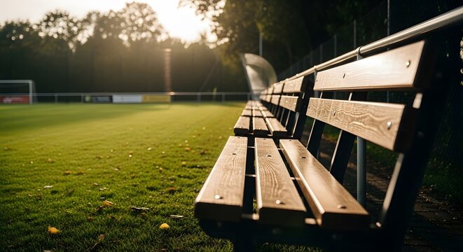 Empty football field benches soccer stadium seating and grass pitch view