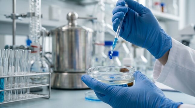 Scientist in blue gloves and lab coat holding petri dish with blue liquid sample and dropper in a laboratory setting.