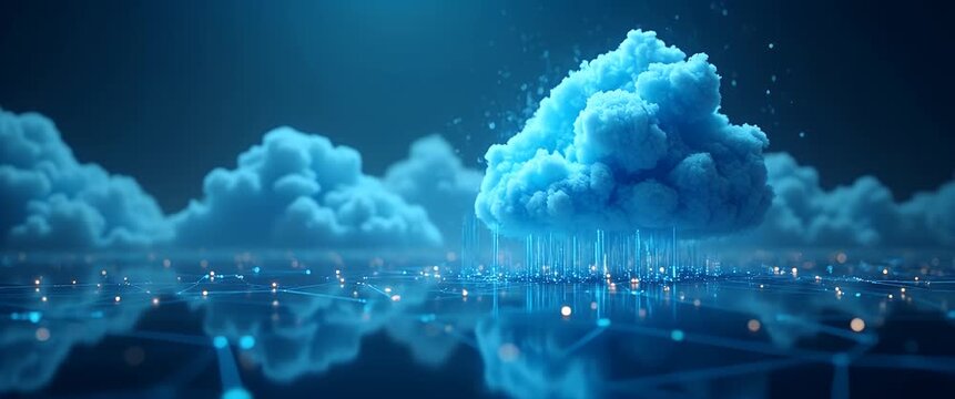 Modern visual depicting cloud computing future trends with dynamic digital analytics and evolving network architectures that forecast enterprise technology advancements in  Photo Stock  Concept  and e