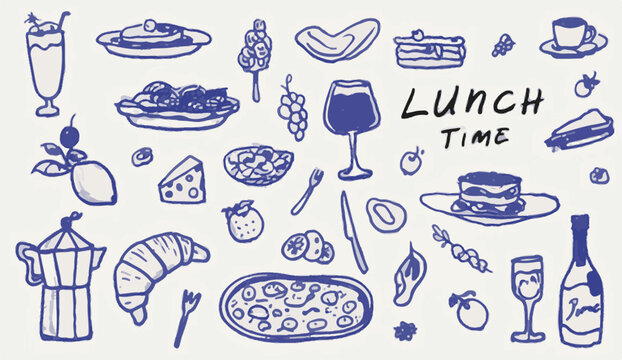 Hand Drawn Food and Drink Elements With Lunch Time Text Keywords: lunch time, food, drink