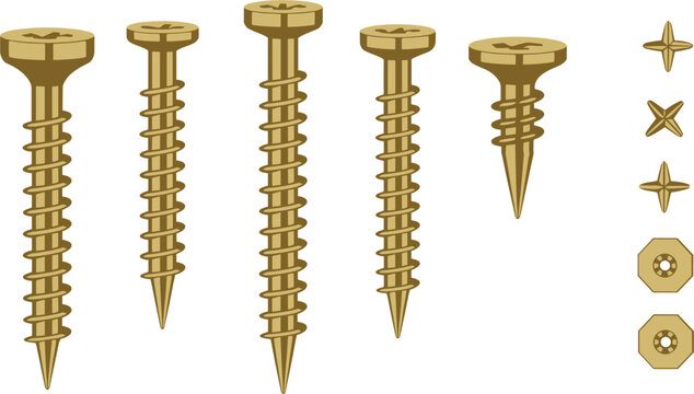 Metal screw vector collection isolated, construction fastener hardware set with detailed industrial equipment illustration