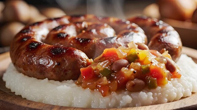 Delicious Boerewors Sausage with Pap and Chakalaka Closeup.