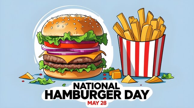 national hamburger day celebration with burger and fries flat design vector illustration
