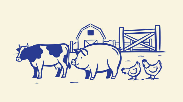 Cartoon farm scene with a cow standing beside a pig and two chickens near a rustic fence.