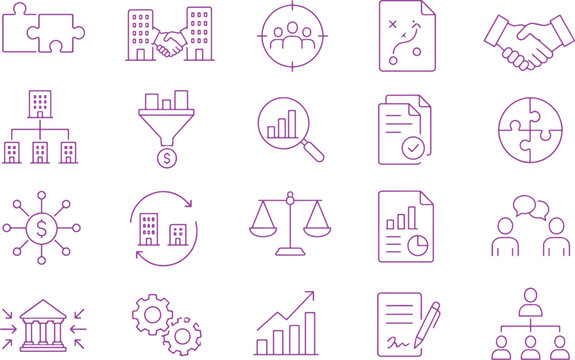 Mergers And Acquisition Icon Set Minimalist Corporate Finance And Business Strategy Vector Collection