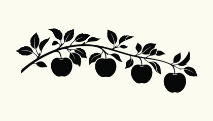 Black silhouette of an apple tree branch with four ripe fruits and green leaves on light background.