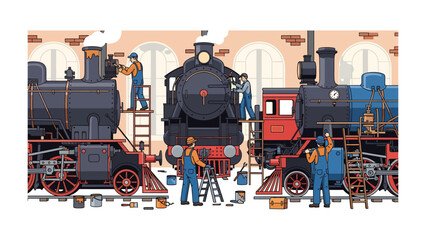 Train Maintenance: A group of workers meticulously maintaining steam locomotives in a train repair workshop, showcasing industrial heritage and skilled craftsmanship. © Abdul