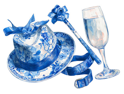 Blue floral hat, magic wand, and champagne flute for an elegant celebration