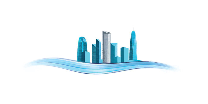 Blue abstract city skyline illustration with modern skyscrapers and urban buildings in a blue toned downtown vector design