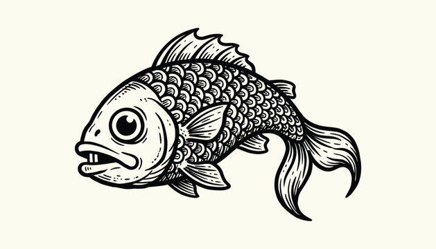 Black and white retro fish illustration with scales and fins detailed graphic drawing.