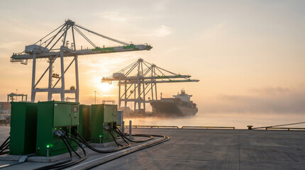 Obraz premium Shore Power Supply for Cargo Ships at a Container Port Terminal During Foggy Sunrise