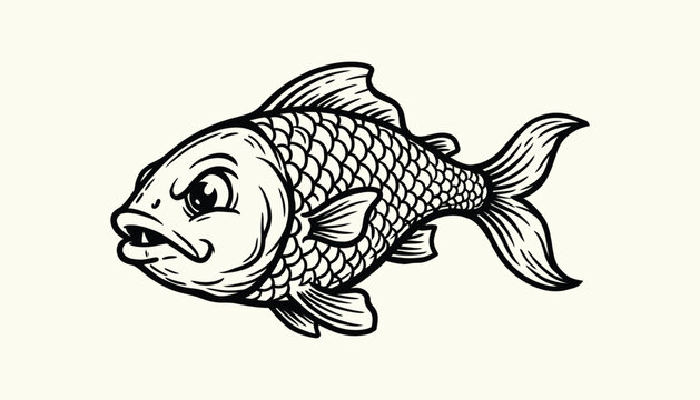 Angry black and white fish illustration with fierce expression detailed drawing.