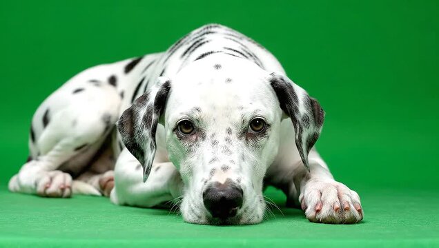 Dalmatian dog lying down on green screen background.