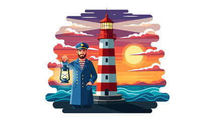 A Mariner's Vigil: A stoic mariner, lantern in hand, stands guard beside a towering lighthouse as the sun dips below a vibrant, cloud-streaked horizon over a churning sea. © mstmahmuda