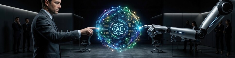 Exploring ai collaboration with robotics in a high-tech business environment futuristic office digital interaction advanced technology concept