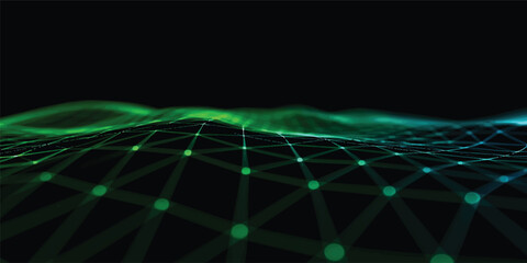 An abstract blue and green technology background featuring a glowing radar circle, fractal lines, and a dark space pattern that illustrates a futuristic digital world map screen © JAHURA