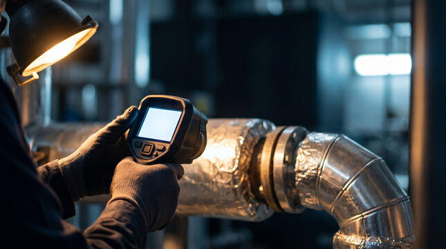 Industrial Technician Using Thermal Imaging Camera to Inspect Heat Loss on Insulated Pipes