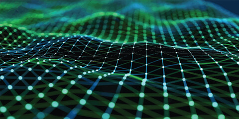 Obraz premium Abstract blue and green background featuring a futuristic 3d digital tunnel with data grid patterns, binary matrix code, and glowing light motion for technology communication wallpaper
