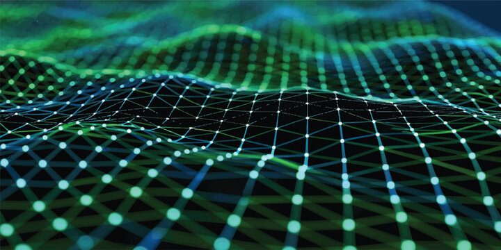 Abstract blue and green background featuring a futuristic 3d digital tunnel with data grid patterns, binary matrix code, and glowing light motion for technology communication wallpaper