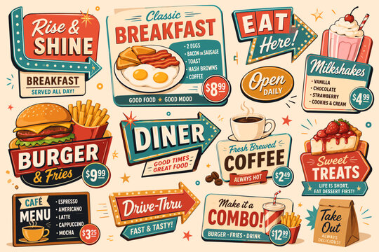 A vibrant collection of retro diner and cafe signs with classic American food illustrations like burgers, breakfast, coffee, and milkshakes.