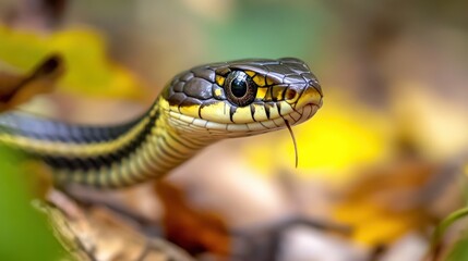Obraz premium Detailed portrait of a garter snake with its tongue extended among autumn leaves.
