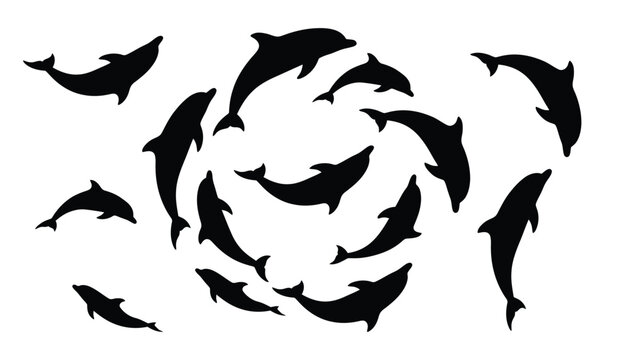 Dolphin silhouettes jumping in circular formation for marine design ocean life pattern set aquatic animal elements.