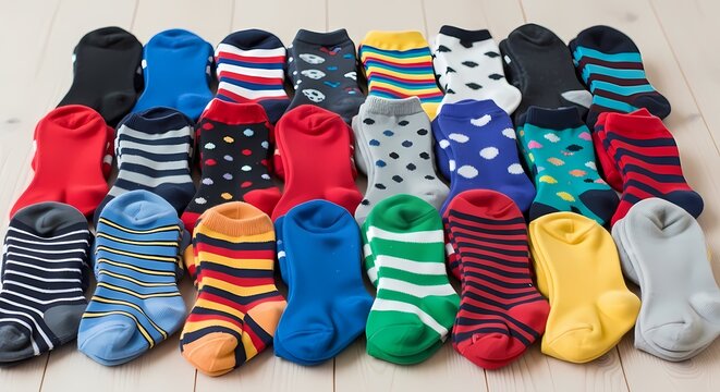 Colorful patterned ankle socks arranged in neat rows on a light wooden floor with sharp focus for apparel retail marketing