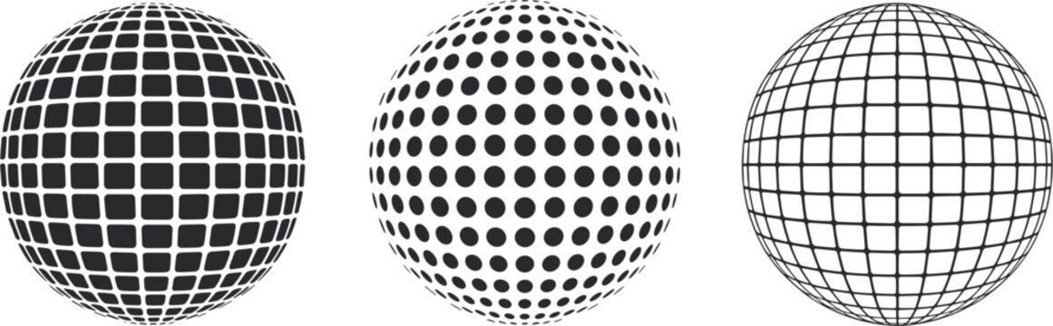 Abstract 3d grid globe spheres vector set, black geometric halftone icons on white background