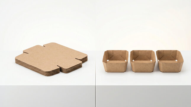 Before and after concept showing flat cardboard blanks on left and fully assembled biodegradable produce trays on right, both halves on a sp 2