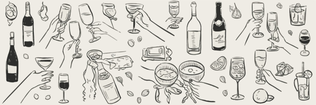 Hand Drawn Celebration Toast with Wine and Champagne Bottles