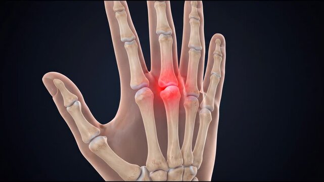 Human hand bone animation highlighting finger joint pain