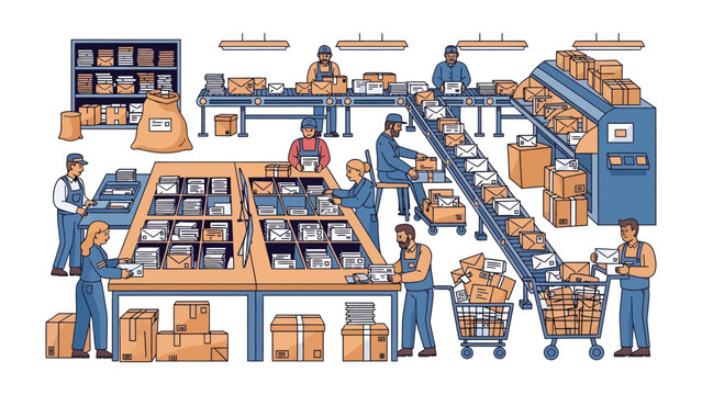 Mail Sorting Facility: A bustling mail sorting facility with workers efficiently processing packages and letters on conveyor belts, embodying the logistical flow of a modern postal service.