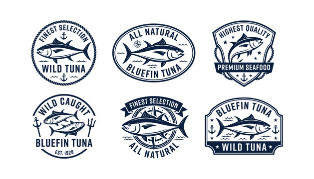 Round emblems with wild bluefin tuna fish, anchors and nautical rope, vintage seafood.